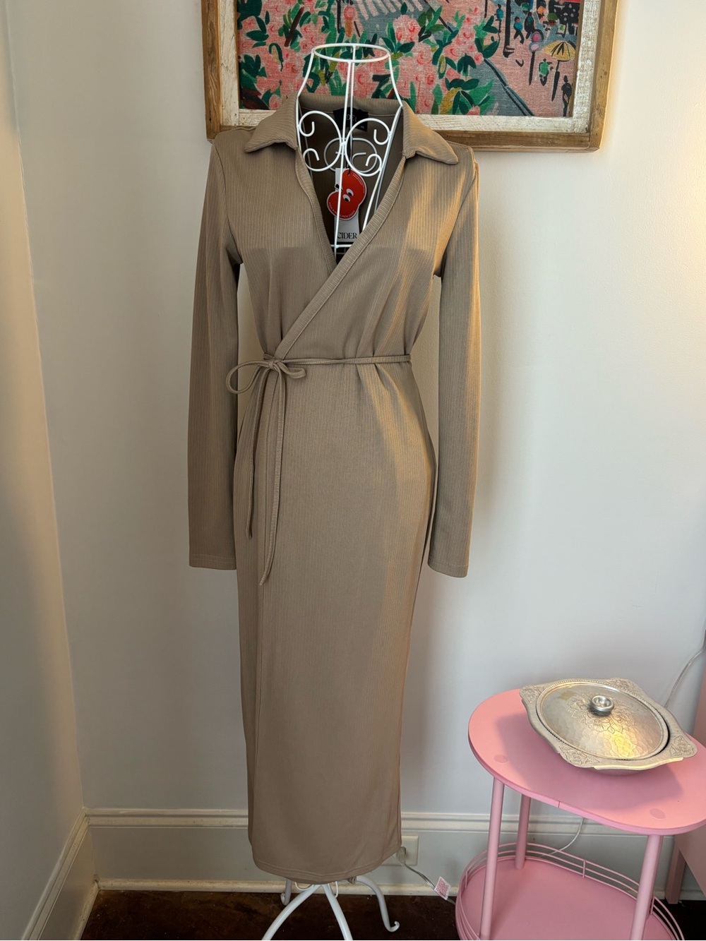 Cider Taupe Long-Sleeve Wrap Maxi Dress